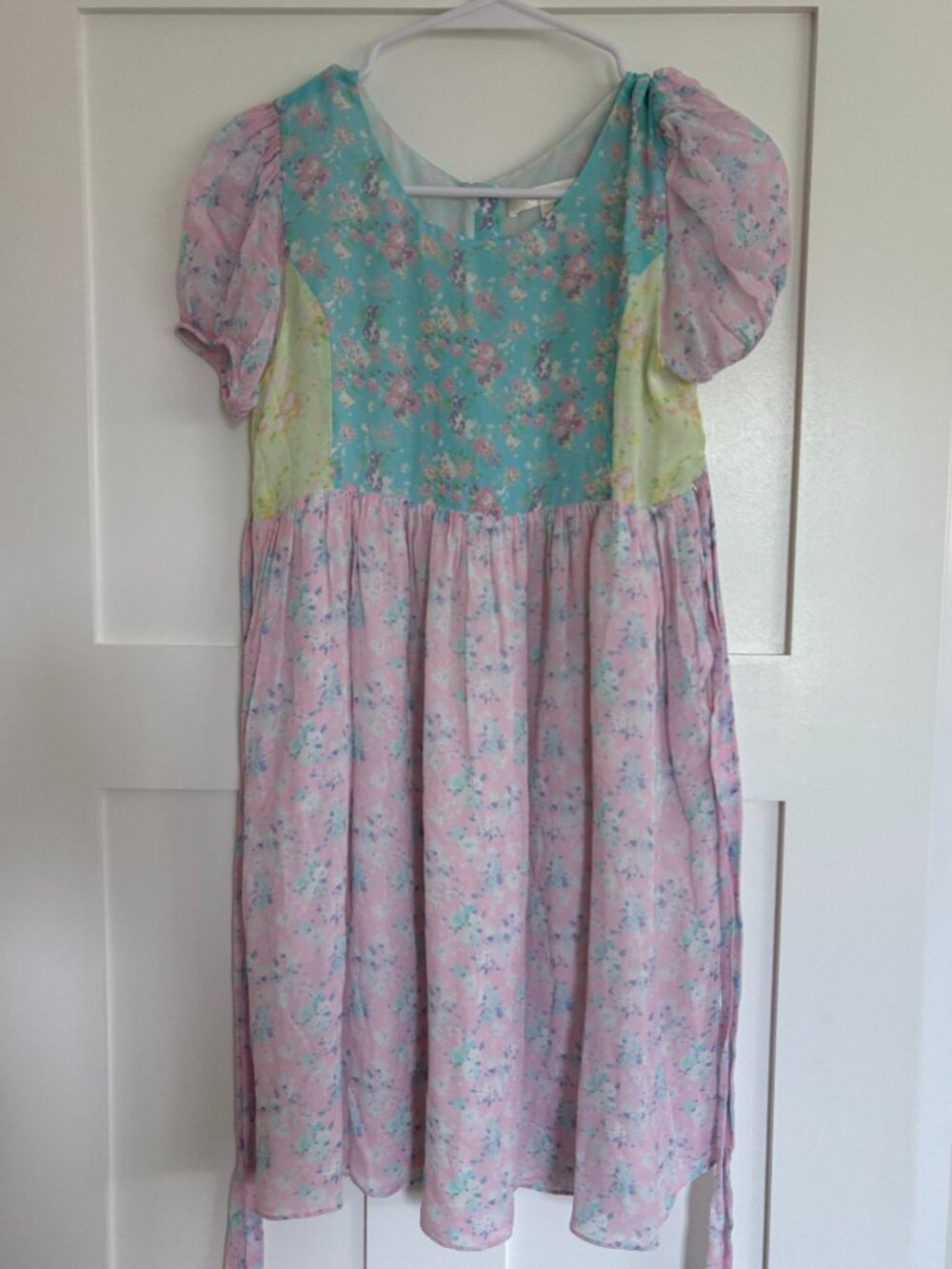 LoveShackFancy Girls Floral Dress Size 12Y Pink Blue Puff Sleeve Patchwork